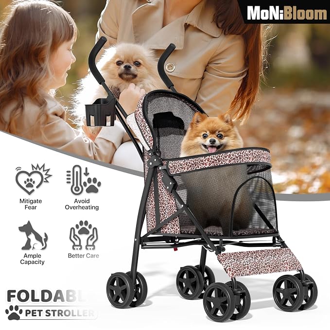 MoNiBloom Pet Stroller for Small/Medium Dogs and Cats, Leopard Print | Foladble 4 Wheels Easy-Fold Puppy Cage Jogger Stroller with Sun Cover, Pad and Rear Storage Bag, Breathable and Visible Mesh