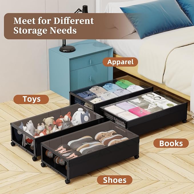 Simple Trending Under Bed Storage Containers with Wheels, XXL 77L Under Bed Shoe Organizer Drawer with Clear Lid, Rolling Storage Containers for Shoes, Clothes, Black