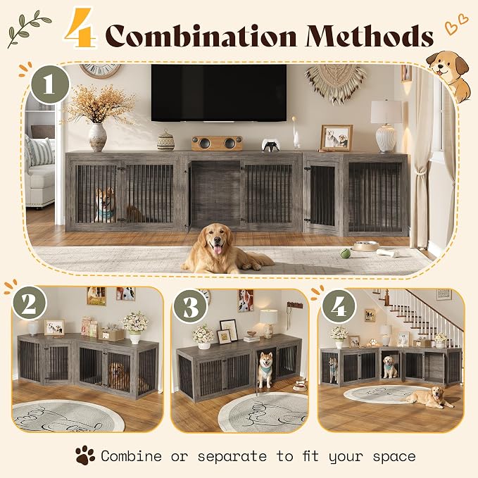 AMERLIFE 128" Extra Large Dog Crate Furniture, 3-in-1 Corner Dog Kennel | Dog Cage with Storage and Divider, Space-Saving Design, Heavy Duty Crate for Medium/Large Dogs, Grey