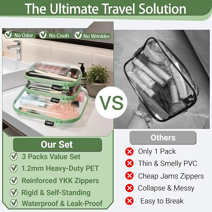 YQBRAO Clear Hard Shell Organizer Cases, 3-Pack, Green | Rigid 1.2 mm clear PET organizers with multi-size design for home storage, travel use, and everyday essentials
