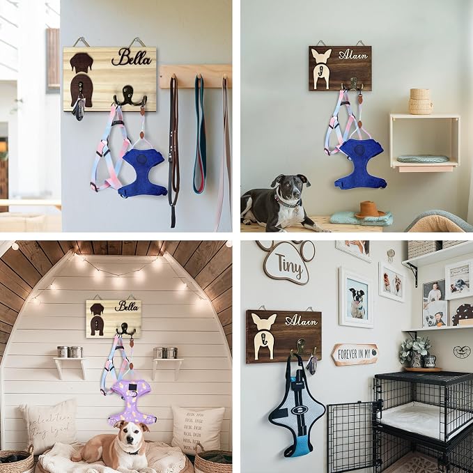 Personalized Dog Leash Holder, Dog Butt Harness Wall Hanger Organizer with Name, Hooks for Leashes, Keys, Collars, Funny Leash Rack Wall Mount for Entryway, Gift for Pet Lovers, Home Décor