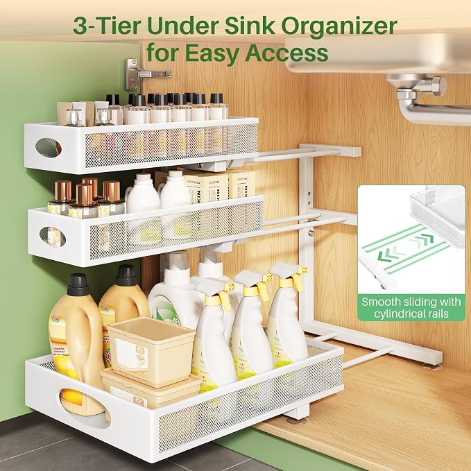 Kitstorack Under Sink Organizer 3-Tier Slide Out Drawer for Bathroom 1-Pack | Height Adjustable, Metal Mesh Storage Rack, Pull out Cabinet Organizer Shelf for Kitchen Pantry Home Laundry Organization