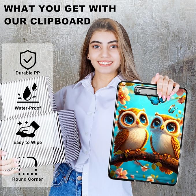 Owl Blue A4 Clipboard with Storage Pen Holder, Clipboards Organizer Nursing Clipboard Foldable File Folder Plastic Clipboard Folio Clip Board for Office Students Classroom Doctor