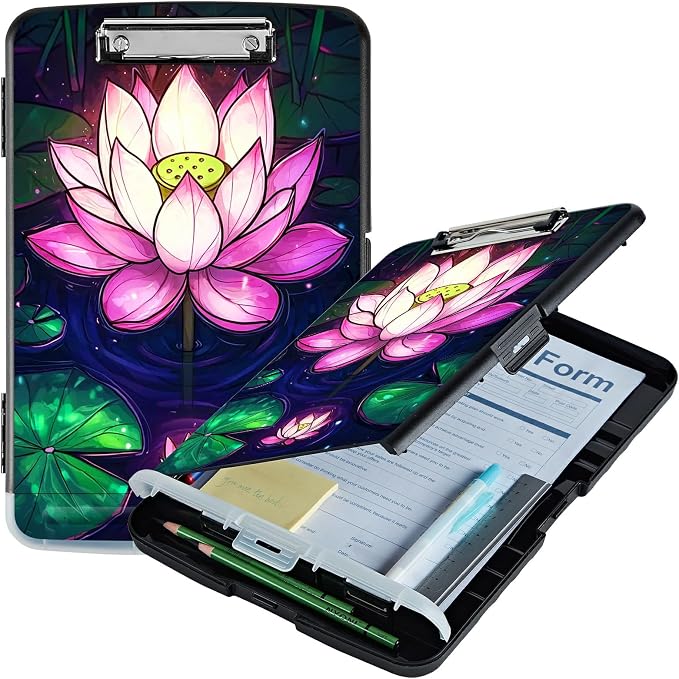 Pink Lotus Flower A4 Clipboard with Storage Pen Holder, Clipboards Organizer Nursing Clipboard Foldable File Folder Plastic Clipboard Folio Clip Board for Office Students Classroom Doctor