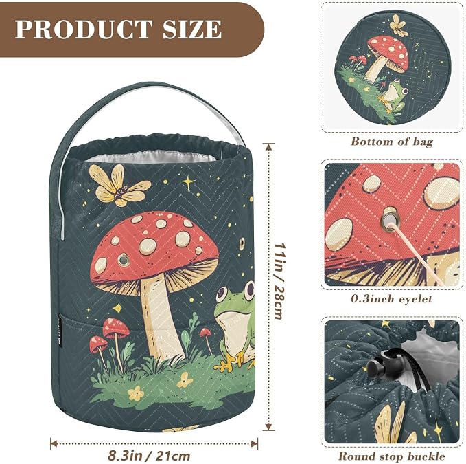 Fustylead Cute Frog and Red Mushroom Butterfly Knitting Crochet Bag, Portable Large Yarn Storage Drawstring Basket Organizer for Crocheting Hooks, Project, Store Skein Ball, Short Knitting Needle