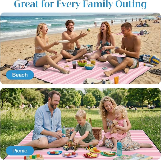 OIGAE Beach Blanket Waterproof Sandproof Oversized Beach Mat | Picnic Mat with Stakes, Storage Bag - Essentials for Outdoor Beach, Picnic,Quick-Dry Lightweight,Windproof Pockets