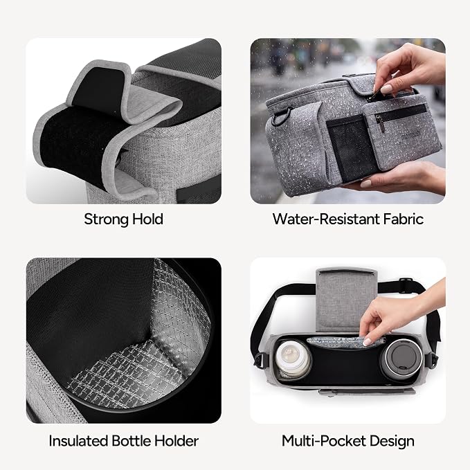 Mompush Universal Stroller Organizer Caddy with Insulated Cup Holder | Large storage capacity, multiple pockets, detachable zippered pouch, secure Velcro straps, universal stroller fit