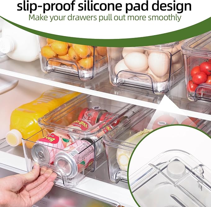 Large Fridge Organizer Drawers, 4 Pack Clear Pull-Out Refrigerator Organizer Bins, Stackable Fruit and Vegetable Storage Containers for Kitchen, Refrigerator, Pantry