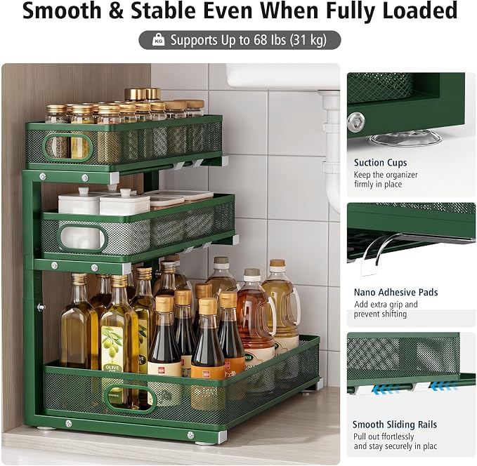 Under Sink Organizer, 3-Tier Sliding Drawers, 2-Pack Forest Green | 5 Height Adjustable, Pull Out Cabinet Storage Rack, Space Saving Metal Organizer for Kitchen, Bathroom, Laundry & Pantry