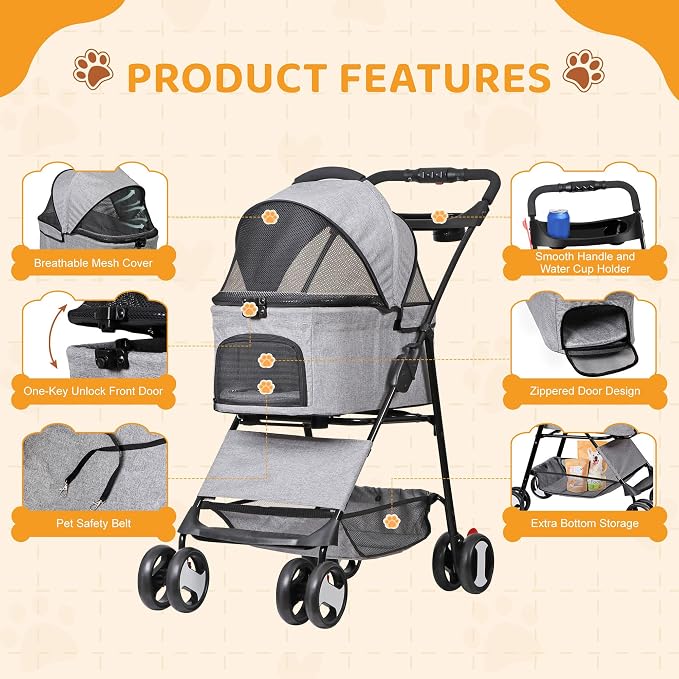 ZENY Pet Stroller, 3 in1 Foldable Dog Cat Jogger Stroller with 4 Wheels | Detachable Basket and Cup Holder, Travel Folding Carrier for Small/Medium Pet (Gray)