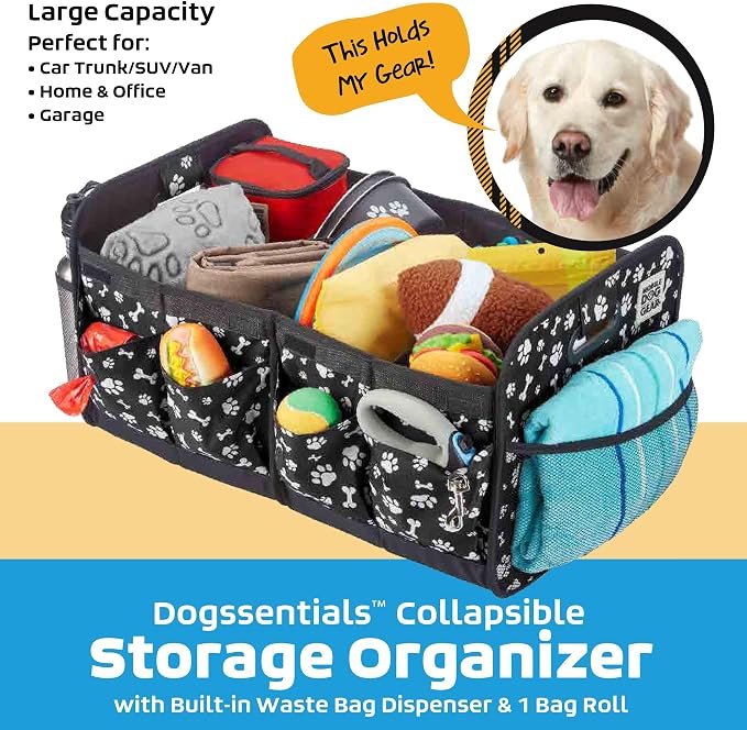 Mobile Dog Gear, Dogssentials Collapsible Storage Organizer for Travel with Built-in Waste Bag Dispenser, Includes 1 Roll of Waste Bags, Black/White Paw Bone Print, Meets Airline Regulations