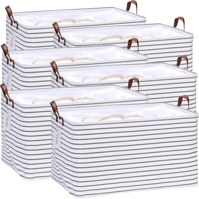 Hinwo 70L Extra Large Canvas Storage Bin with Lid and Handles, 6-Pack | Collapsible Fabric Baskets, Closet Shelf Organizers, Containers for Clothing, Blankets, Toys, Bedding (Gray Stripe)