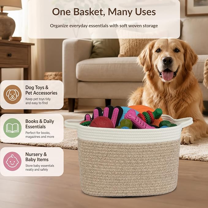 XUANGUO Woven Cotton Rope Storage Basket with Handles 13x10x9 inch | Woven cotton rope basket for shelves and closets. Perfect for toys, books, clothes, nursery storage and gift baskets.