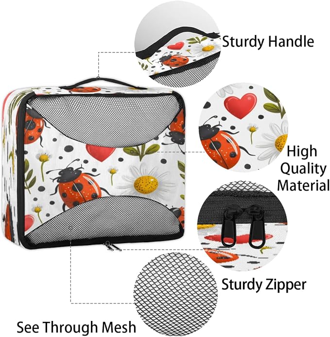 Packing Cubes for Travel, Cute Ladybugs Travel Luggage Packing Organizers for Women Men, Large Custom Toiletries Bag for Cosmetics Toiletries, Daisy Floral