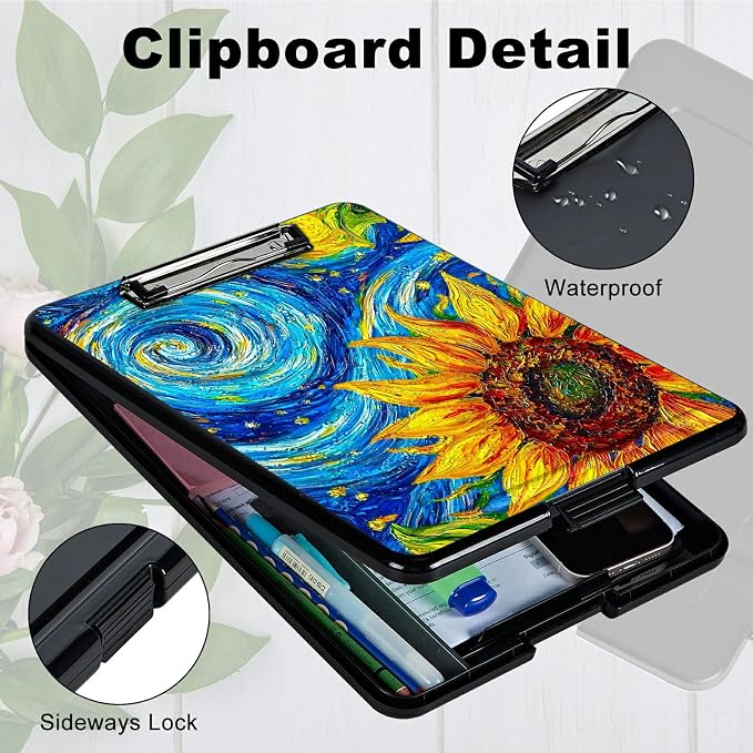 Starry Sunflower A4 Clipboard with Storage Pen Holder, Clipboards Organizer Nursing Clipboard Foldable File Folder Plastic Clipboard Folio Clip Board for Office Students Classroom Doctor