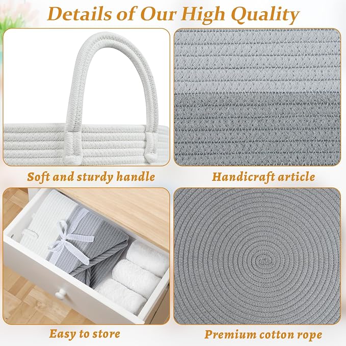 67L Large Woven Blanket Basket, Cotton Rope Baby Laundry Hamper with Handles, Kids Toy Basket for Classroom & Nursery, Soft Round Stuffed Animal Storage, Dog Toy Bin - 20"x13", Gray