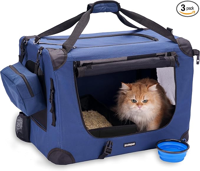 Prutapet Large Cat Carrier 24"x16.5"x16.5" Soft-Sided Portable Pet Crate for Car Traveling with Collapsible Litter Box and Bowl