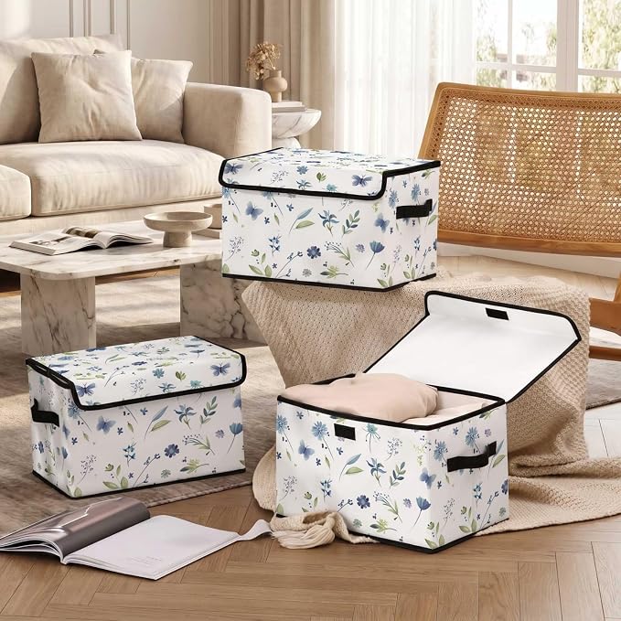 Stackable Storage Bins with Lids,Closet Organizers Fabric Box for Home and Office,Blanket Clothes Organizers,Under Bed Storage Containers 3 Pack