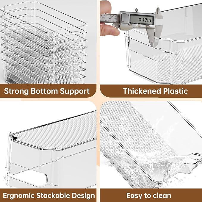 incostar Clear Fridge Organizer, Refrigerator Organizer Bins with Handle, Freezer, Kitchen Cabinet, Pantry Organization, BPA Free Fridge Organizers (12.4 inch 16 Pack)