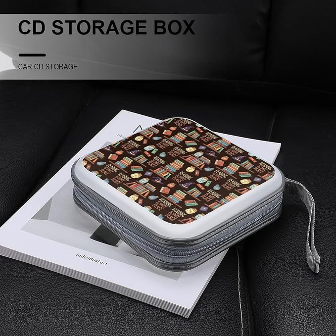 CD Case Holder for Car Reading Book 40 Capacity Zipper Disc Wallet | DVD Organizer Storage Binder, Reading Book Is My Happy Place Shockproof, Hard Plastic, Portable Hand Strap