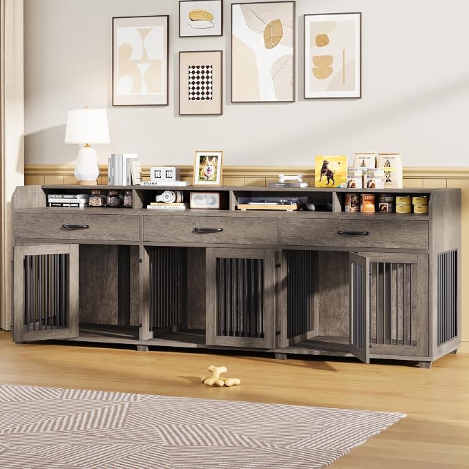 LUXOAK 95" Large Dog Crate Furniture with Storage 3-Room Indoor Dog Kennel | Dog Cage for Large/Medium Dogs, TV Stand & Sideboard with Drawers & Removable Divider, Grey