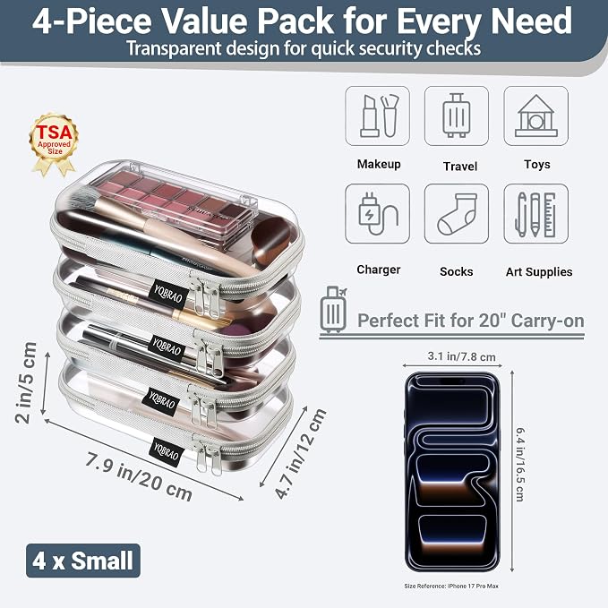YQBRAO Clear Hard Shell Zipper Cases, 4 Small Cable Organizers, Grey | Rigid 1.2 mm PET and YKK dual zippers for cosmetics, charging cords, pens and travel accessories