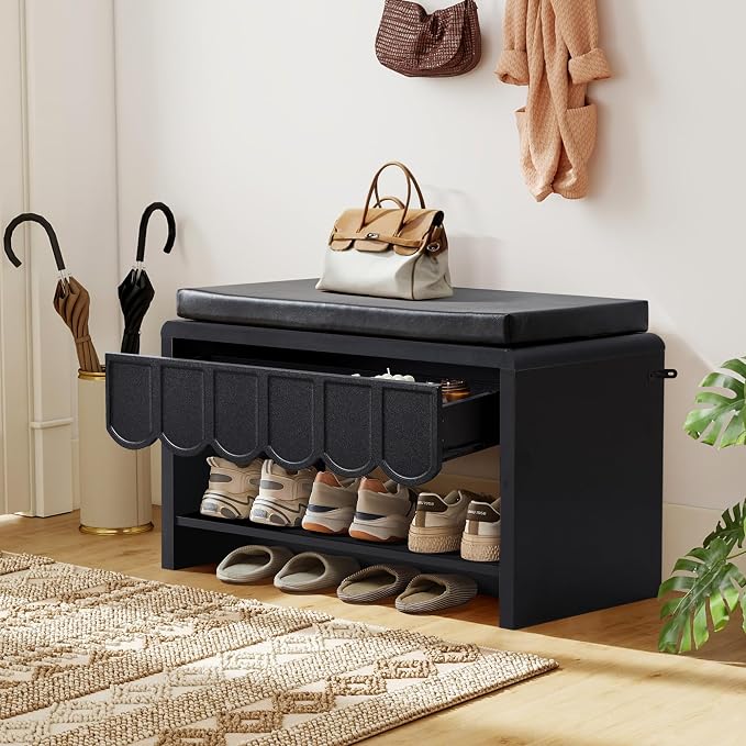 ORRD Shoe Storage Bench with Cushion, Shoe Rack Organizer Cabinet Bench with Wave Panel Drawer and Open Shelf for Entryway, Hallway, Living Room (Black)