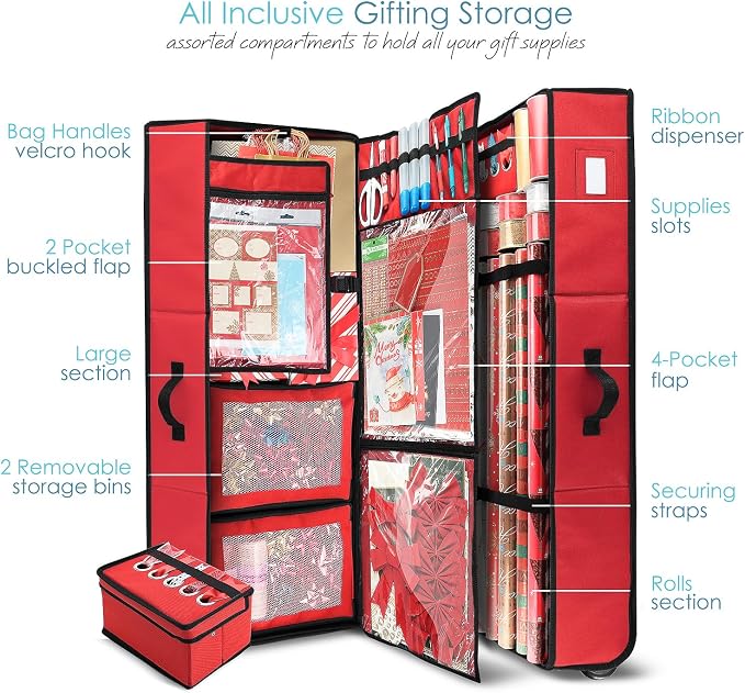 Hearth & Harbor Wrapping Paper Storage Container with Ribbon Dispenser and Interior Pockets - Large Christmas Storage Containers with Wheels, Fits 30 Rolls of 40" Length, Red