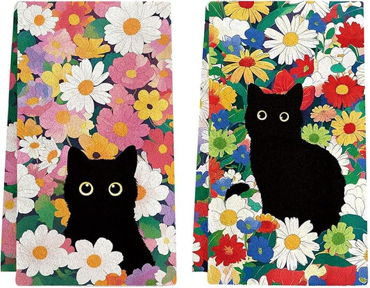 Black Cat Floral Kitchen Towels Set of 2, Cute Cat Dish Towels for Kitchen Drying, Soft Absorbent Microfiber Dish Towels, Spring Cats Kitchen Dish Towels for Cooking, Home, Housewarming Gifts