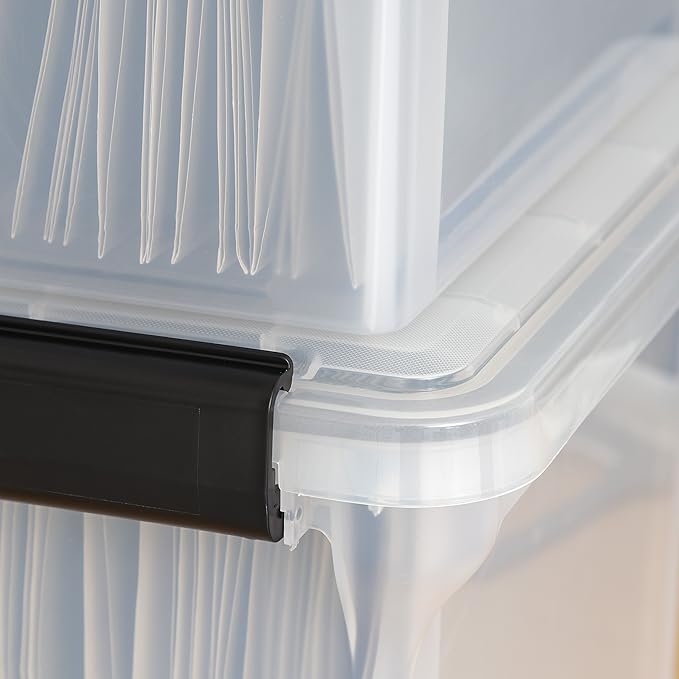 IRIS USA WeatherPro Storage File Box, 32 Qt. 6-Pack, Clear/Black | Protect files, documents and important records with weather resistant storage, secure latches and stackable organization