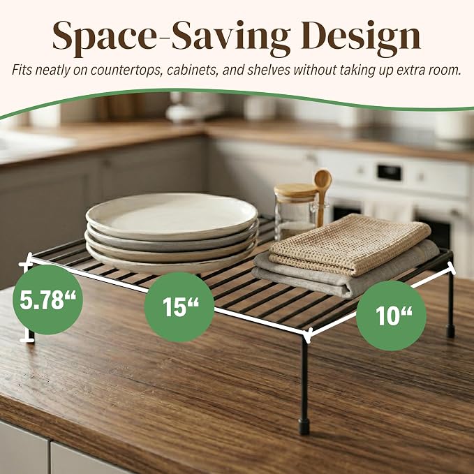 Evelots Wire Shelf Organizer, Large Metal Cabinet Risers, 4-Pack, Black | Four large rustproof metal shelf organizers create extra storage space in kitchen cabinets, pantries, freezers and bathrooms.