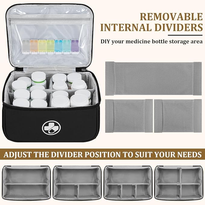 Dual Layers Medicine Organizer, Lockable Travel Pill Bag, Black | Adjustable dividers for neat pill organization. Durable zippers & portable design suit daily use, travel or first aid kit