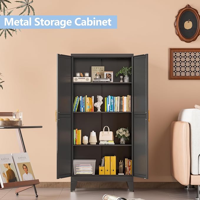 Black Kitchen Pantry Cabinets, 48" Metal Storage Cabinet for Office | Steel Kitchen Pantry Storage with Doors and 3 Adjustable Shelves, for Office, Home, Garage, School