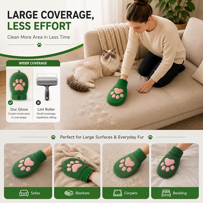Paw Shape Pet Hair Remover Glove & Fur Storage Bag Set for Cats and Dogs (Green), Washable Pet Hair Remover, Soft Lint Cleaning Glove for Sofa Carpet Bed Clothes