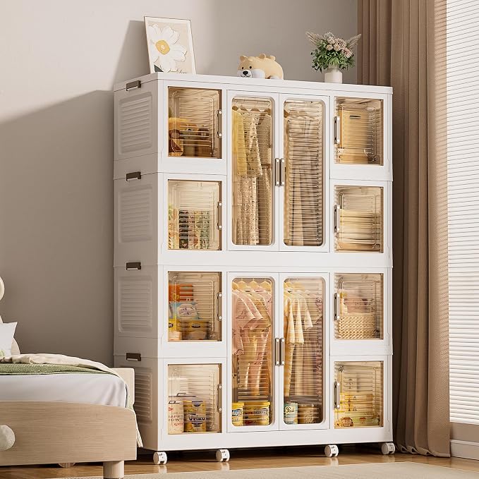 Portable Wardrobe Closet Organizer, Large Kids Wardrobe Closet with Magnetic Doors and Wheels, Collapsible Plastic Baby Clothes Storage Cabinet, 8 Cubes and 2 Wardrobes (18.1"D x 40.1"W x 60.2"H)