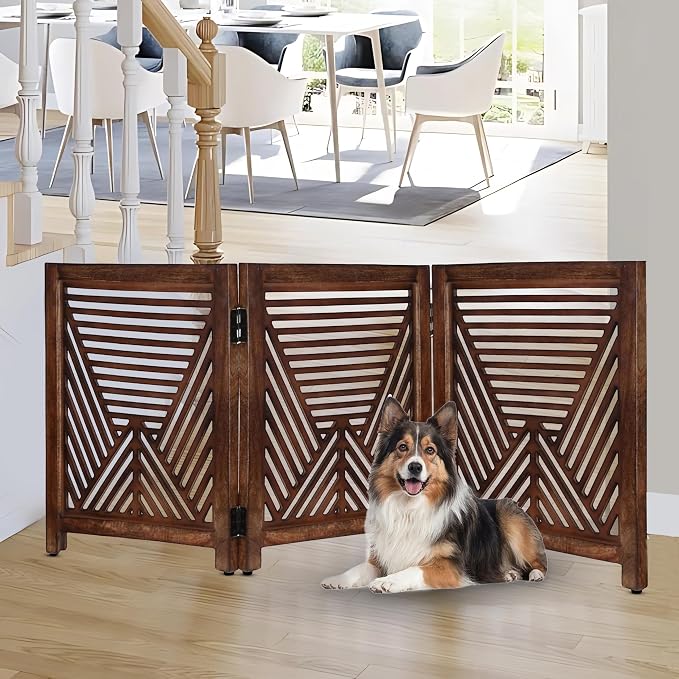 Lightnpro 3-Panel Wooden Dog Gate – Rustic Burnt Finish Foldable Freestanding Pet Barrier, Extra-Wide Indoor Safety Fence for Small Dogs & Puppies – 24x54 Inch