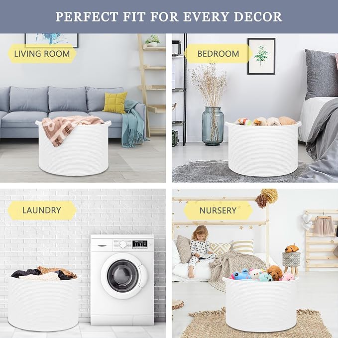 Extra Large Blanket Basket 87L, Laundry Hamper, Baby Nursery Hamper for Storage Toys Clothes Towels, Large Cotton Rope Laundry Basket for Girls Boys, 22”x 14”, White