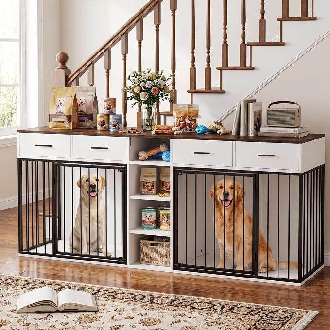 82 Inch Double Dog Crate Furniture for 2 Medium/Large Dogs, White | Extra Large Indoor Wooden Kennel, 4 Drawers & 4 Shelves, Heavy Duty Dog Crate TV Stand, Removable Divider