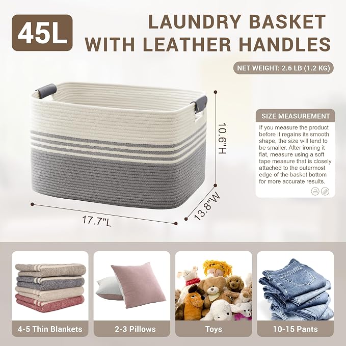 45L Small Woven Laundry Basket Hamper with Leather Handles,Grey | collapsible wicker hamper, storage for dirty clothes, toys, blankets, gifts, living room, bedroom, bathroom, 18"x14"x11"