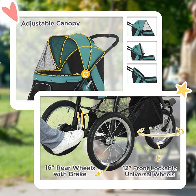 PawHut 3 Wheels Pet Stroller Foldable Jogger for Medium Dogs Dark Green | Adjustable Canopy, Safety Tether, Cushion, Storage Basket, Portable for Meidum Dogs and Cats