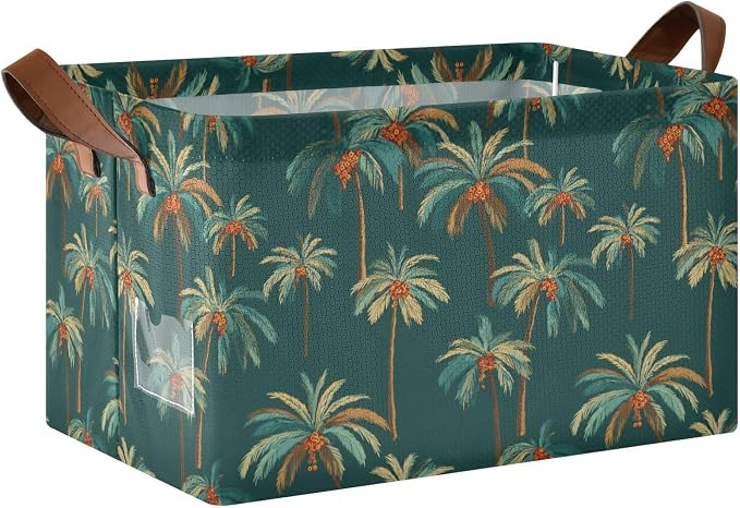 Teal Green Bg Vintage Palm Tree Storage Basket Foldable Cube Storage Bins with Handles&Label Waterproof Collapsible Organizer Box Bin Large Rectangle Decorative Baskets for Shelves Home Room Laundry