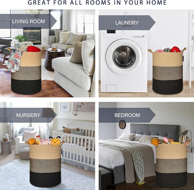 COMSE Tall Woven Blanket & Laundry Basket, 72L, Brown & Black | 15.7”x 21.7”, Cotton Rope, Large Nursery Hamper for Storage of Toys Clothes Towels, Great for Living Rooms Bedrooms Bathrooms