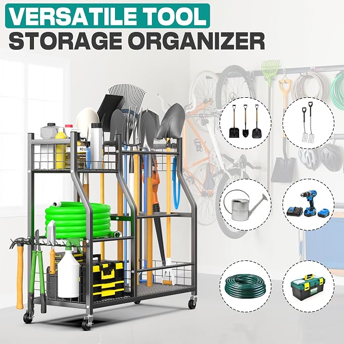 EVERHANGER Garden Tool Organizer Stand, Garage Tool Storage Organization | Yard Tool Racks with lockable wheels, Fit for Long-Handled Tools/Rakes/Brooms