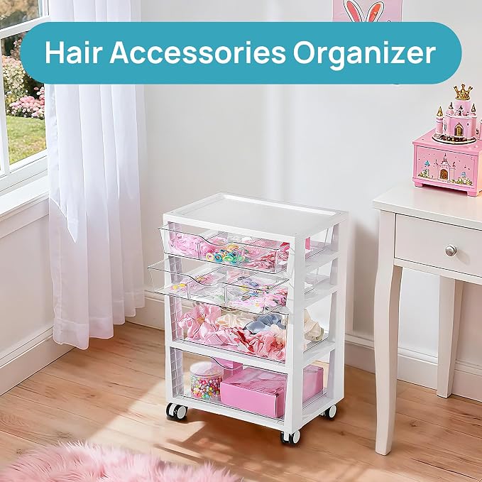 Vtopmart 4-Tier Plastic Drawer Storage Rolling Cart with Wheels | Clear Drawers, Multiple Size Storage, Visible Organization, Sturdy Design, Under Desk, Office, Makeup, Crafts & Art Storage