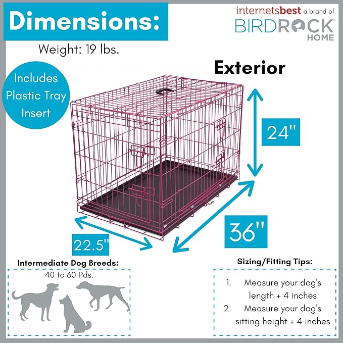 Internet's Best Wire Dog Crate for Dogs - Double Door Metal Steel Crate, Indoor Folding & Collapsible Cage, Secure & Durable, Portable Travel Kennel, Ideal for Home Use - Pink, 36 Inches