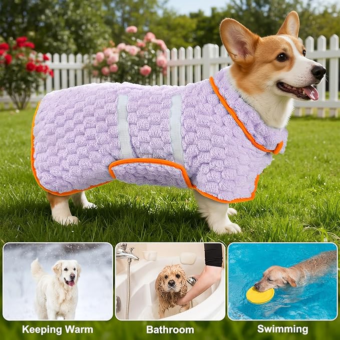 Glittme Dog Bathrobe for Drying Dogs, Super Absorbent Fleece Dog Towel Robe, Adjustable Dry Coat for Large Medium Small Dogs, Warm Pet Drying Vest for After Bath, Swimming, Muddy Walks & Car Travel