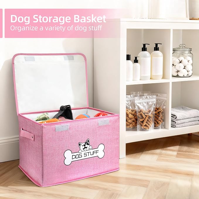 Dog Toy Basket with Lid, Collapsible Box for Pet Accessories | Storage Bin for Living Room, Fabric Container with Handle, Organizer for Small Medium dogs, Pink