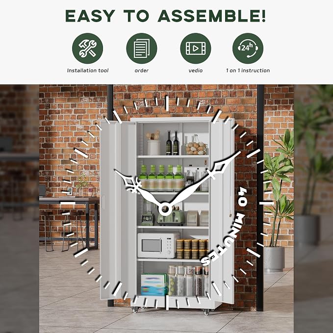 Greenvelly Metal Garage Storage Cabinet with 4 Swivel Wheels, 73" White Storage Cabinet on Wheels, Rolling Tool Cabinet with Locking Doors and Shelves for Garage, Basement, Home, Warehouse