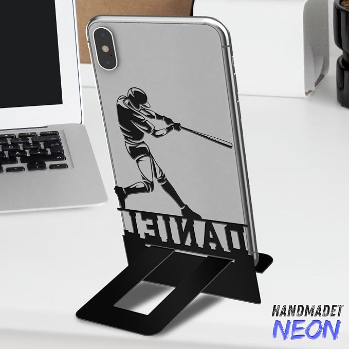 Personalized Baseball Batter Phone Holder, Custom Name Metal Desk Stand, Athlete Swing Dock, Tablet, Smartphone Display Stands, Gifts For Friends, Sports Lovers, Teens, Christmas