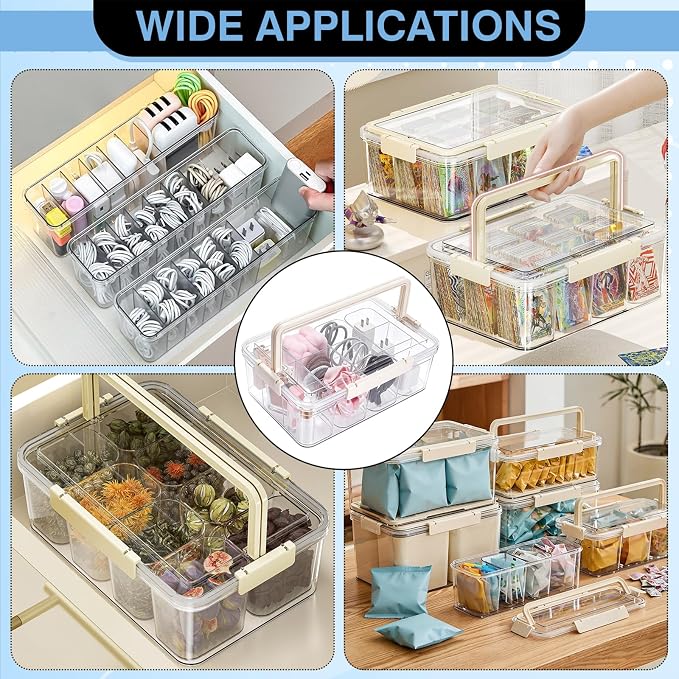 Large Cable Storage Box with Lid Clear Power Cords Organizer 4 Adjustable Dividers Case Desktop Cable Management Box for Home Office Phone Charger Art Crafts Stationery (Yellow)